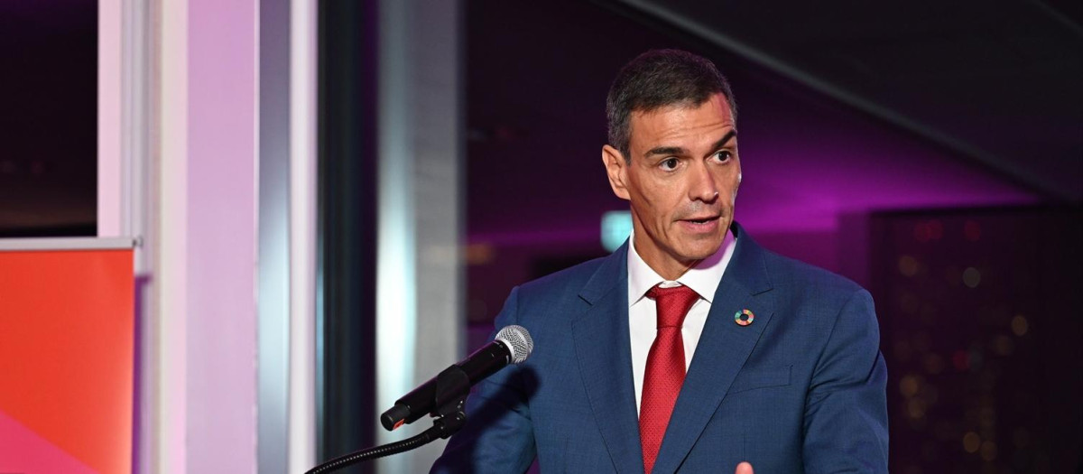 El presidente del Gobierno, Pedro Sánchez, con un pin de la Agenda 2030