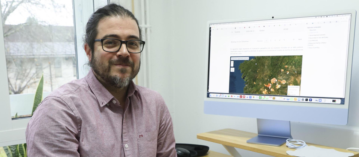 Adrián Regos, coordinador del grupo de Ecología del Paisaje de la Misión Biológica de Galicia (MBG), durante una entrevista a EFE en Santiago. En Galicia, la comunidad más afectada este año por los incendios forestales junto a Castilla y León, el CSIC desarrolla un modelo pionero en España que permitirá, al identificar las zonas más favorables a aprovechamientos agroforestales como la viticultura o los castaños, una gestión más "inteligente" del territorio. EFE/Xoán Rey