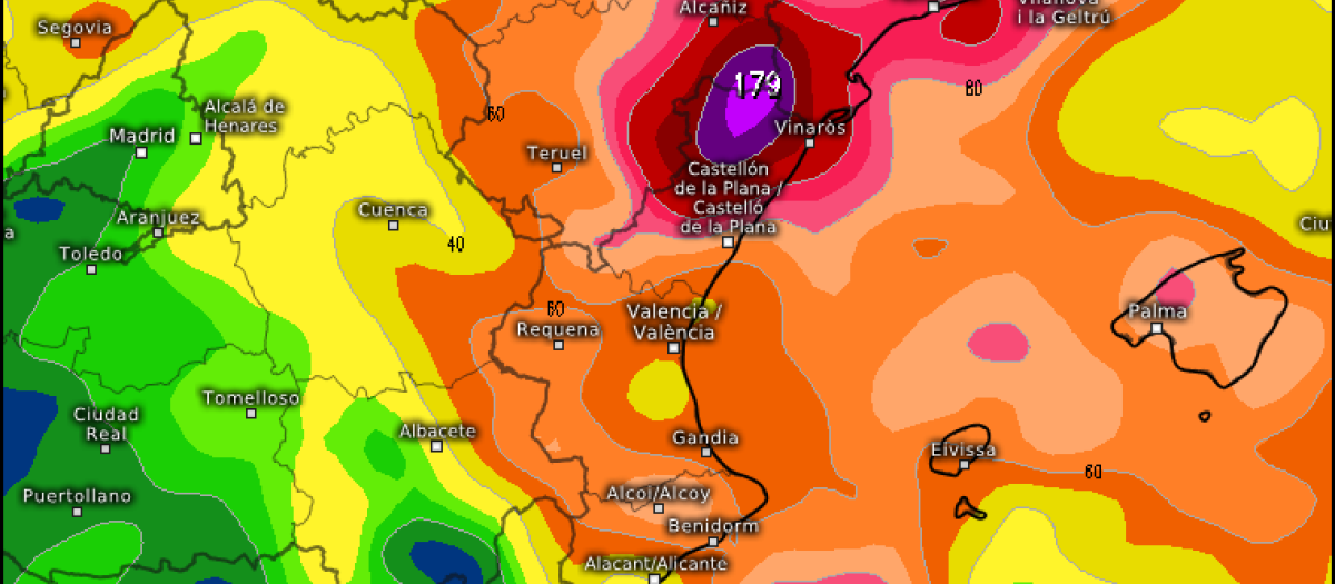 Mapa con la previsión de lluvias acumuladas por una dana en la Comunidad Valenciana.