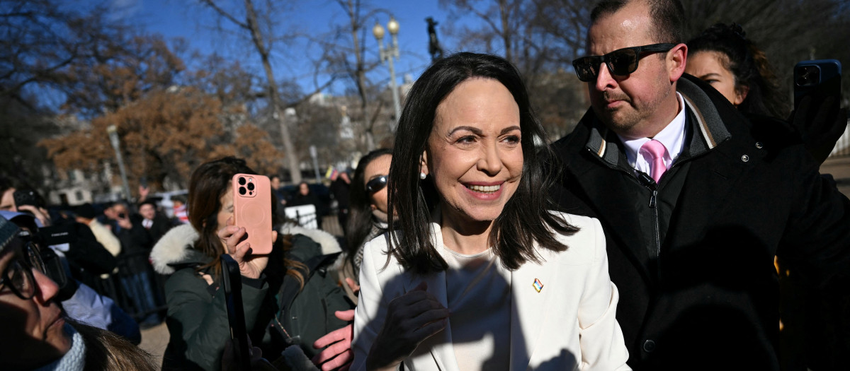 La líder opositora María Corina Machado a su salida de la Casa Blanca