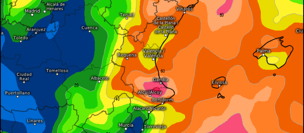 Mapa con las cantidades acumuladas previstas de lluvia por la dana Harry en la Comunidad Valenciana.