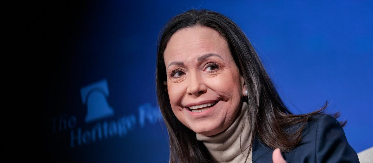 La líder de la oposición venezolana y Premio Nobel de la Paz, María Corina Machado, habla en la Fundación Heritage