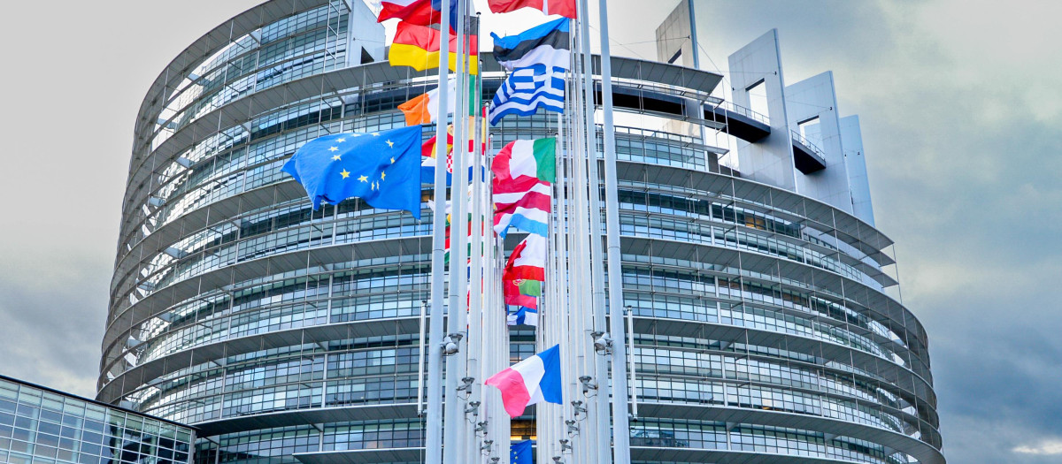 Banderas frente a la sede del Parlamento Europeo en Estrasburgo (Francia)