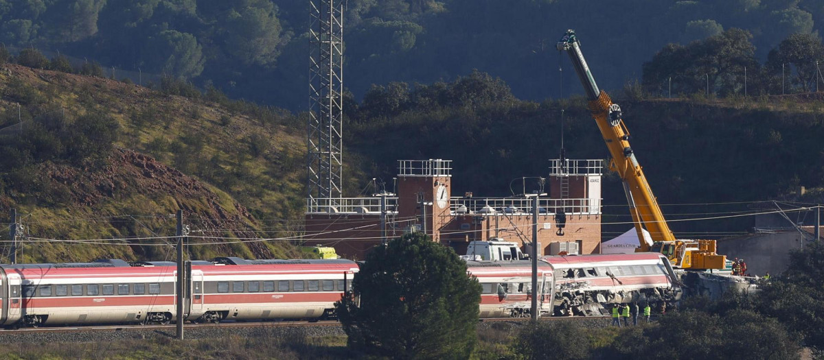 Varias grúas trabajan sobre el tren de Iryo accidentado en Adamuz (Córdoba).