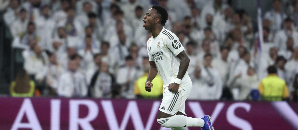 Vinicius Jr. celebra su gol, el quinto del partido, ante el AS Monaco