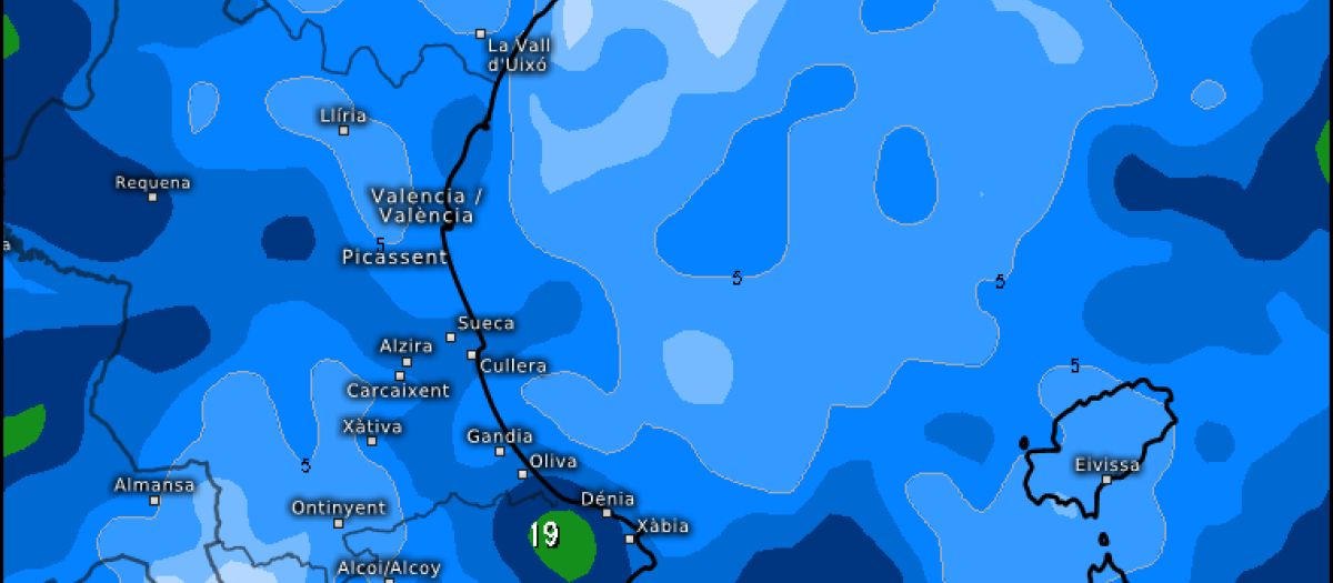 Mapa con la previsión de lluvias acumuladas en la Comunidad Valenciana hasta el domingo 25 de enero, según el modelo europeo ECMWF.