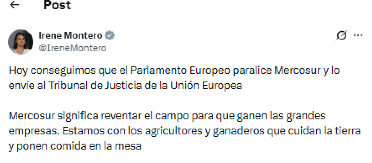 Tuit de Irene Montero celebrando la paralización de Mercosur