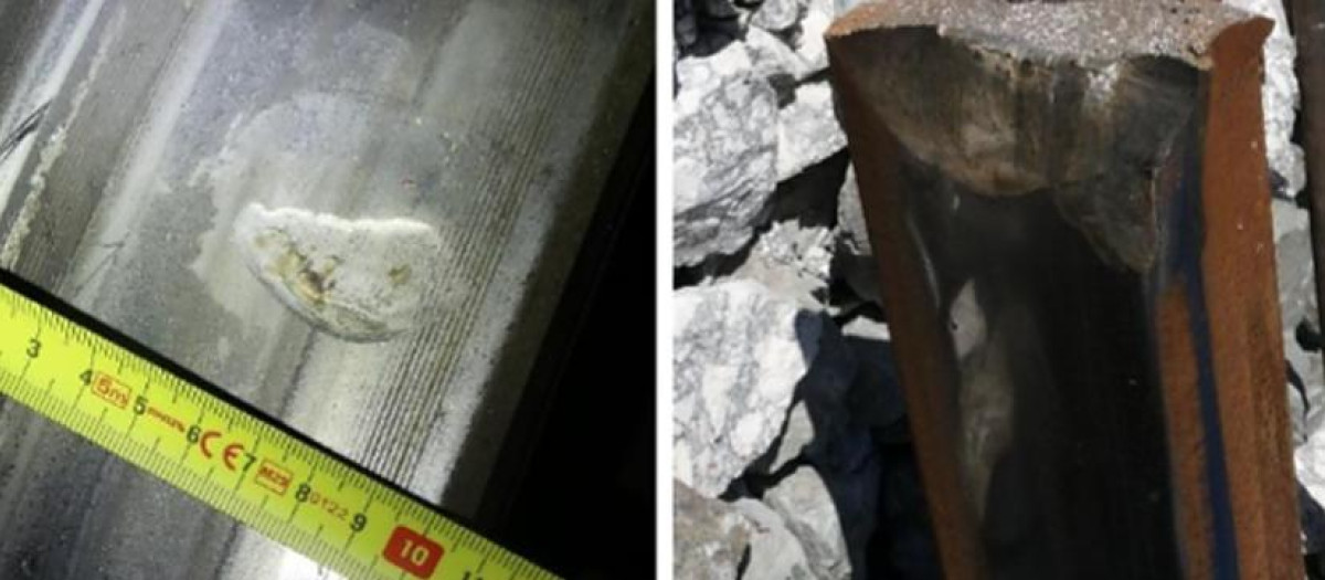 La primera imagen muestra las muescas en la rueda derecha del eje 13 del tren de Iryo (coche 4, primer eje del primer bogie); la segunda, el posible punto de colisión con la cabeza del carril