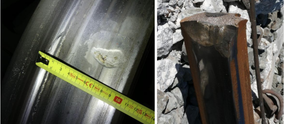 Muescas presentes en la rueda derecha del eje 13 del tren de Iryo (coche 4, primer
eje del primer bogie) y posible punto de colisión con la cabeza del carril.