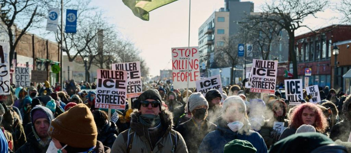 Demonstrators gather in south Minneapolis, Minnesota, on January 24, 2026, after a man is shot and killed by U.S. Immigration and Customs Enforcement agents earlier that morning, according to officials. (Photo by Christian Zander/NurPhoto) (Photo by Christian Zander / NurPhoto via AFP)