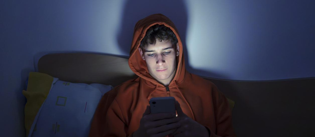 Un adolescente consulta el móvil en su habitación
