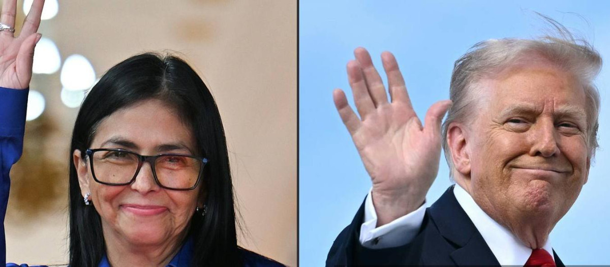 (COMBO) This combination of pictures created on January 21, 2026 shows Venezuela's interim President Delcy Rodriguez waves after a press conference at the Miraflores Presidential Palace in Caracas on January 14, 2026, and US President Donald Trump waves as he boards Air Force One at Joint Base Andrews, Maryland, on September 11, 2025. Venezuela's interim president will soon visit the United States, a senior US official said January 21, 2026, further signaling President Donald Trump's willingness to embrace the oil-rich country's new leader. (Photo by Juan BARRETO and Mandel NGAN / AFP)