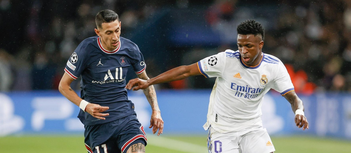 (Foto de ARCHIVO)
15 February 2022, France, Paris: Real Madrid's Vinicius Junior (R) and Paris Saint-Germain's Angel Di Maria battle for the ball during the UEFA Champions League round of 16 first leg soccer match between Paris Saint-Germain and Real Madrid at Parc des Princes stadium. Photo: Bruno Fahy/BELGA/dpa

15/2/2022 ONLY FOR USE IN SPAIN