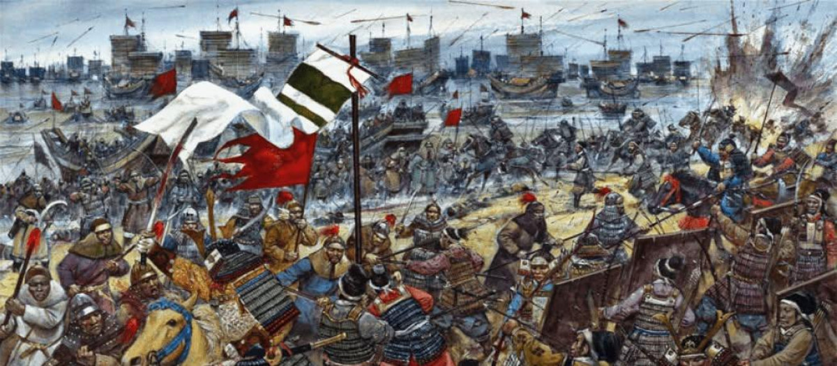 Primera batalla de Hakata 1274. Los de Mongoles desembarcan en la bahía de Hakata y se encuentran con un muro formado por los samurais. Obra de Richard Hook