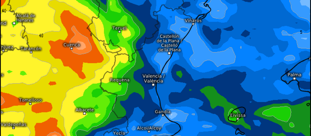 Mapa con la previsión de lluvias acumuladas por la borrasca Kristin en la Comunidad Valenciana.