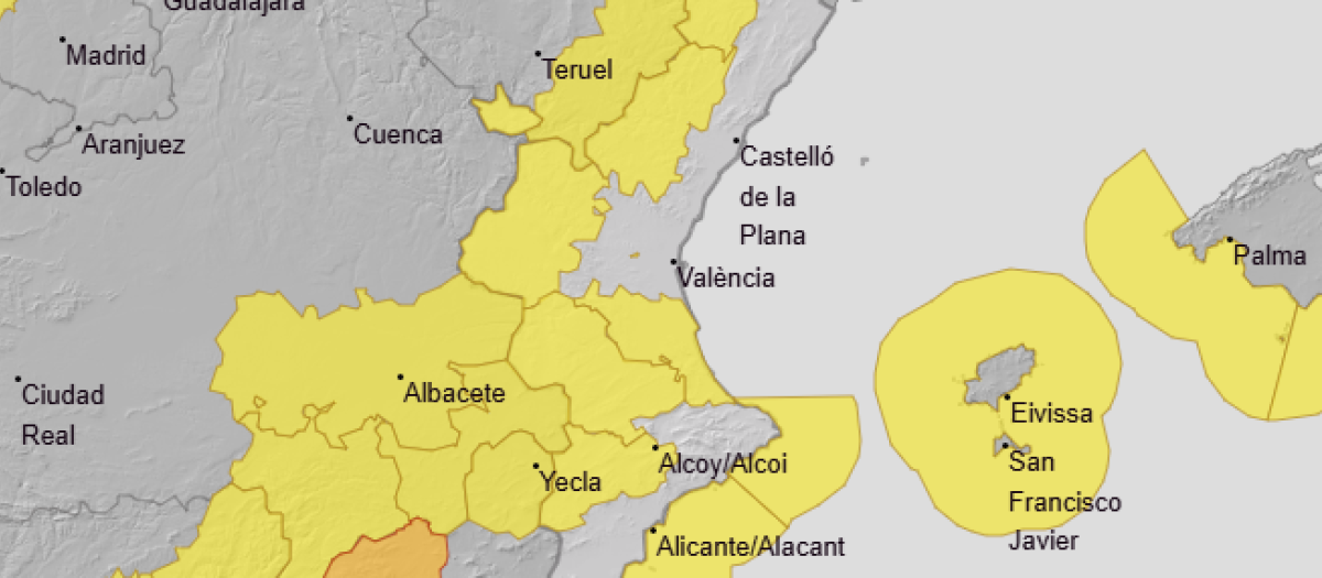 Mapa con los avisos previstos por Aemet para este jueves 29 de diciembre en la Comunidad Valenciana.