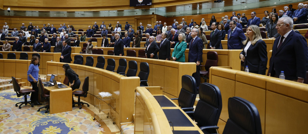 La bancada del Gobierno en el Pleno de este jueves en el Senado. Sin Sánchez