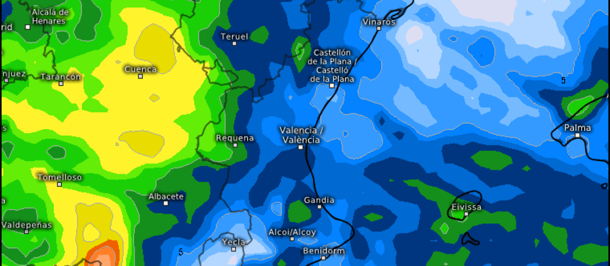 Mapa de previsión de lluvias en la comunidad Valenciana hasta el domingo 1 de febrero, según el modelo europeo ECMWF.