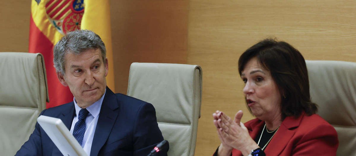 Imagen de Alberto Núñez Feijóo junto a la presidenta de la Comisión, Carmen Martínez Ramírez durante su comparecencia ante la comisión de investigación de la dana de Valencia en el Congreso.