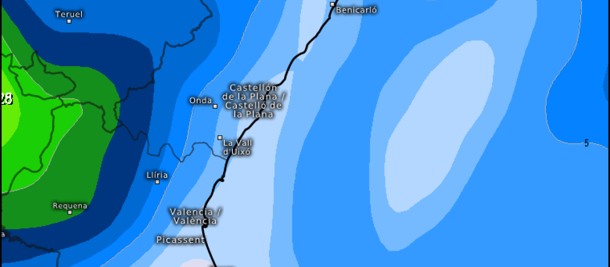 Mapa con la previsión de lluvias durante el fin de semana por la borrasca Marta en la Comunidad Valenciana.