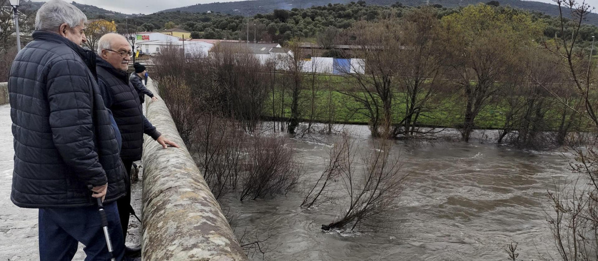 Dos hombres observan el paso del río Jerte a su paso por Plasencia (Cáceres)