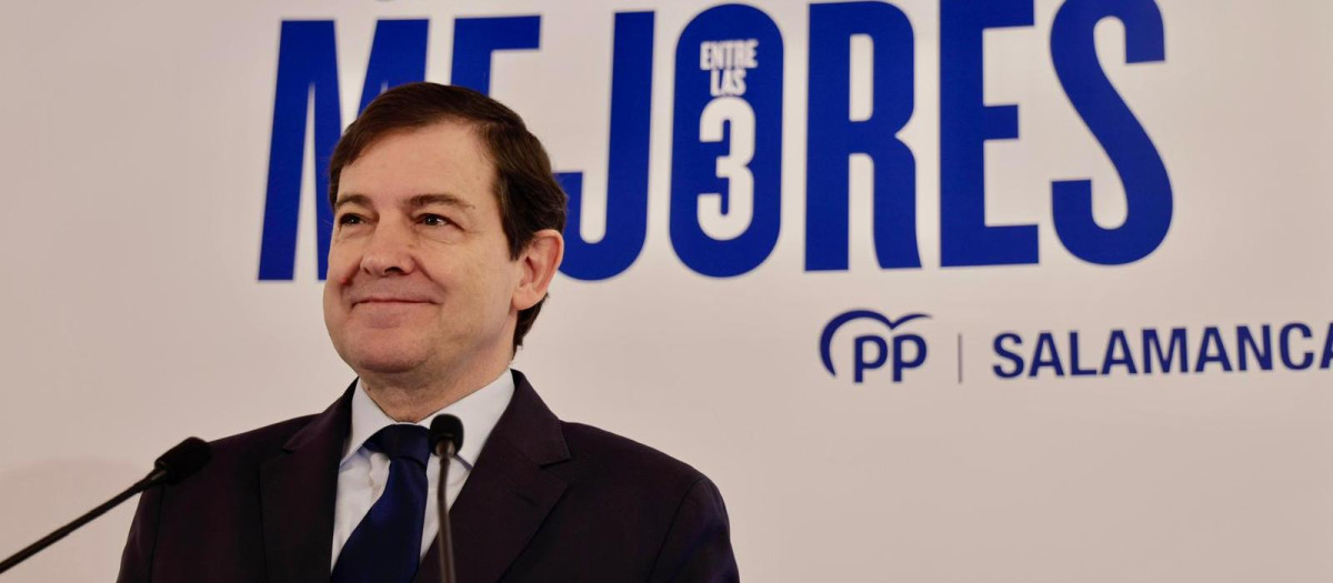 El líder del PP en Castilla y León y candidato a la Presidencia de la Junta, Alfonso Fernández Mañueco, este sábado en Salamanca
