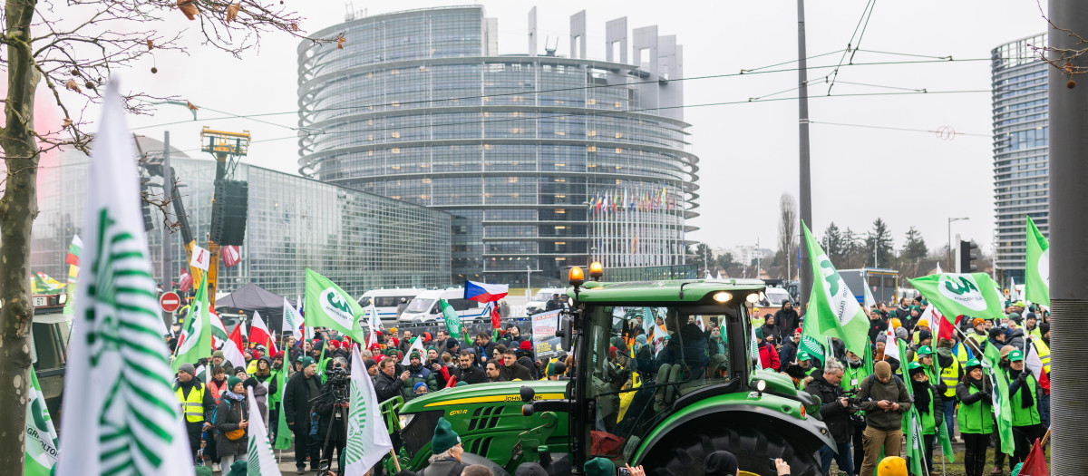 Protesta de los agricultores en el Parlamento Europeo, en Estrasburgo (Francia), el 20 de enero de 2026
