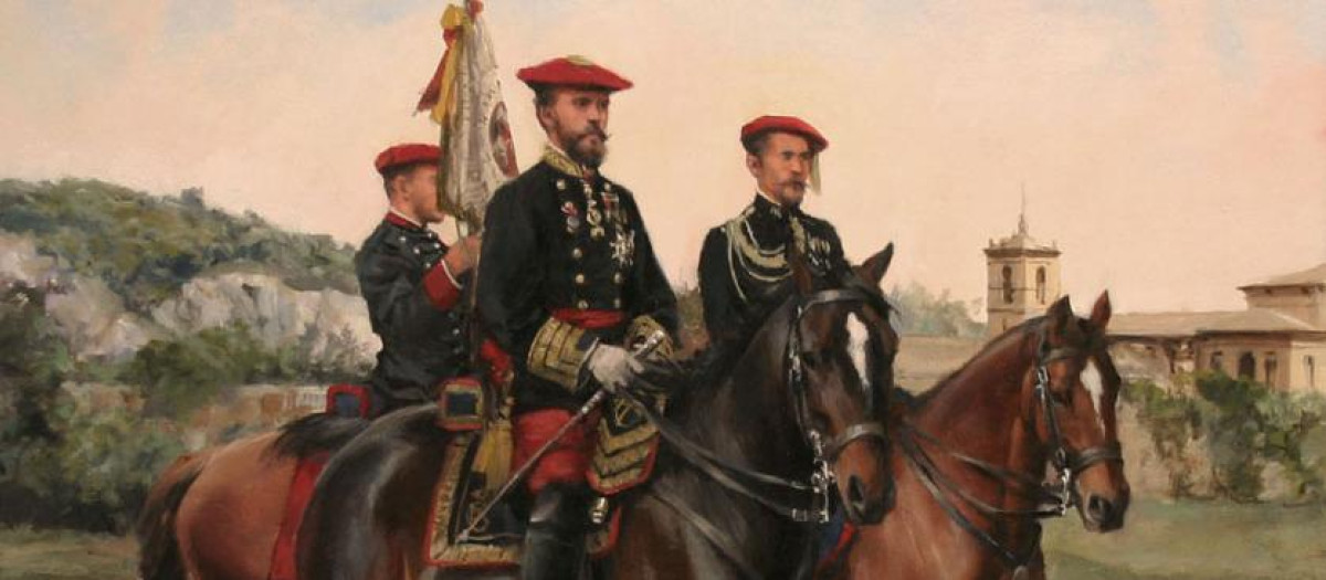 Retrato ecuestre de Carlos VII, hacia el final del conflicto carlista. Obra de Augusto Ferrer-Dalmau