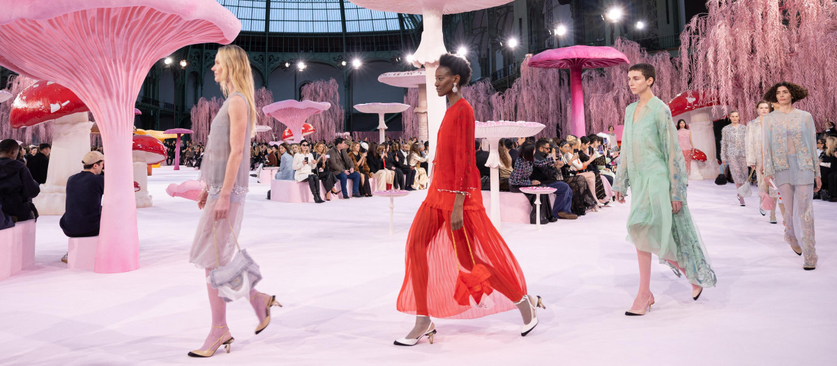 Models present creations at the Chanel Women's Haute Couture Spring/Summer 2026 collection fashion show as part of the Paris Haute Couture Fashion Week, in Paris, on January 27, 2026.