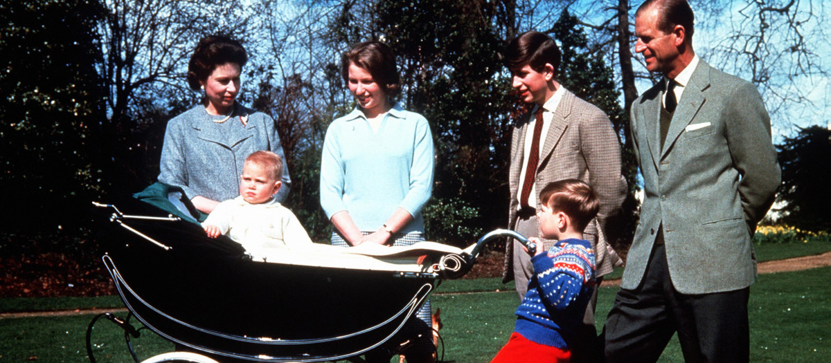 The Queen with the Duke of Edinburgh and their children, left to right, baby Prince Edward, Princess Anne, Prince Andrew and Prince Charles, on her 39th birthday.