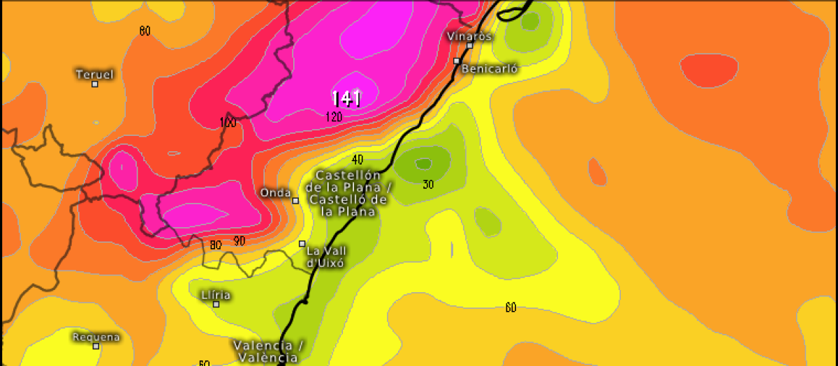 Mapa con las rachas de viento previstas este sábado 14 de febrero por al borrasca Oriana en la Comunidad Valenciana.