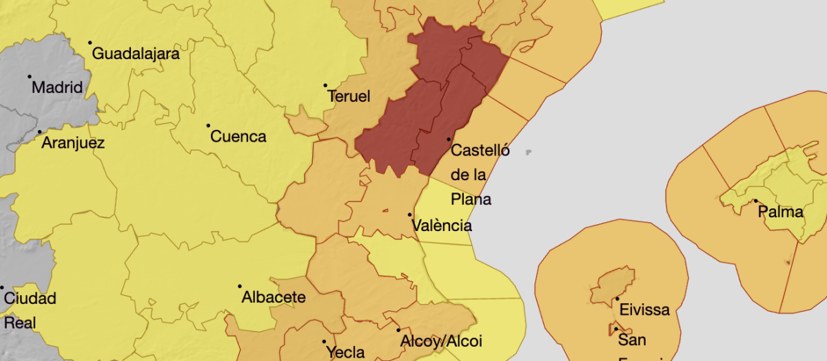Mapa con los avisos por los vientos huracanados de la borrasca Oriana en la Comunidad Valenciana este sábado 14 de febrero.