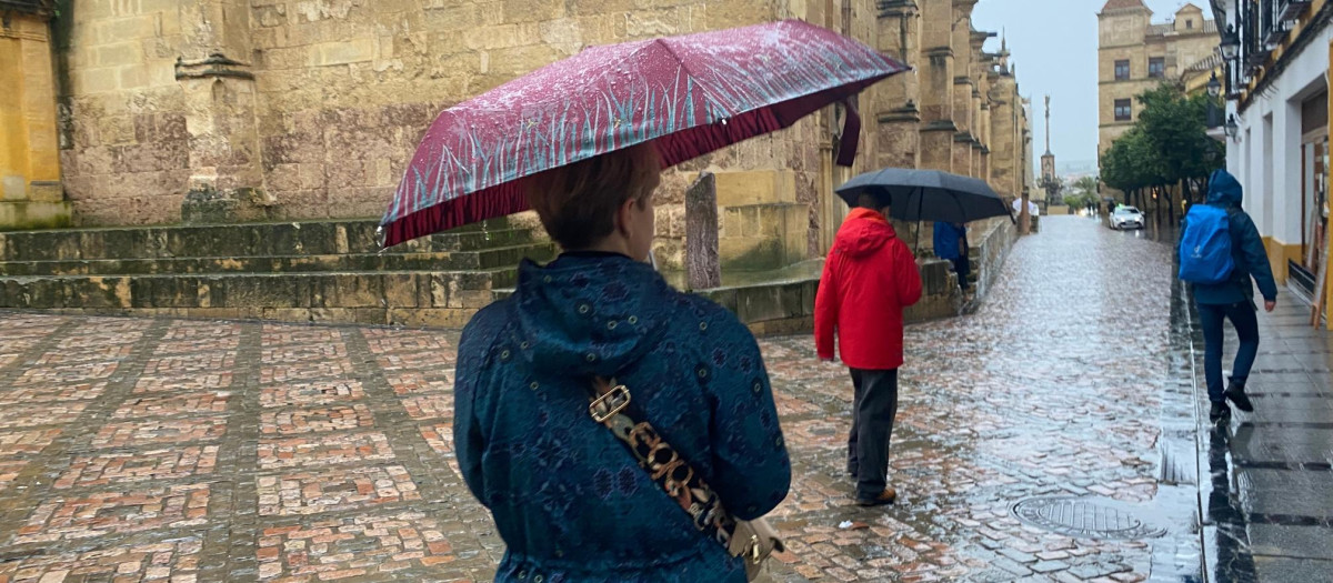 Mujer con paraguas en un día de lluvia junto a la Mezquita Catedral de Córdoba