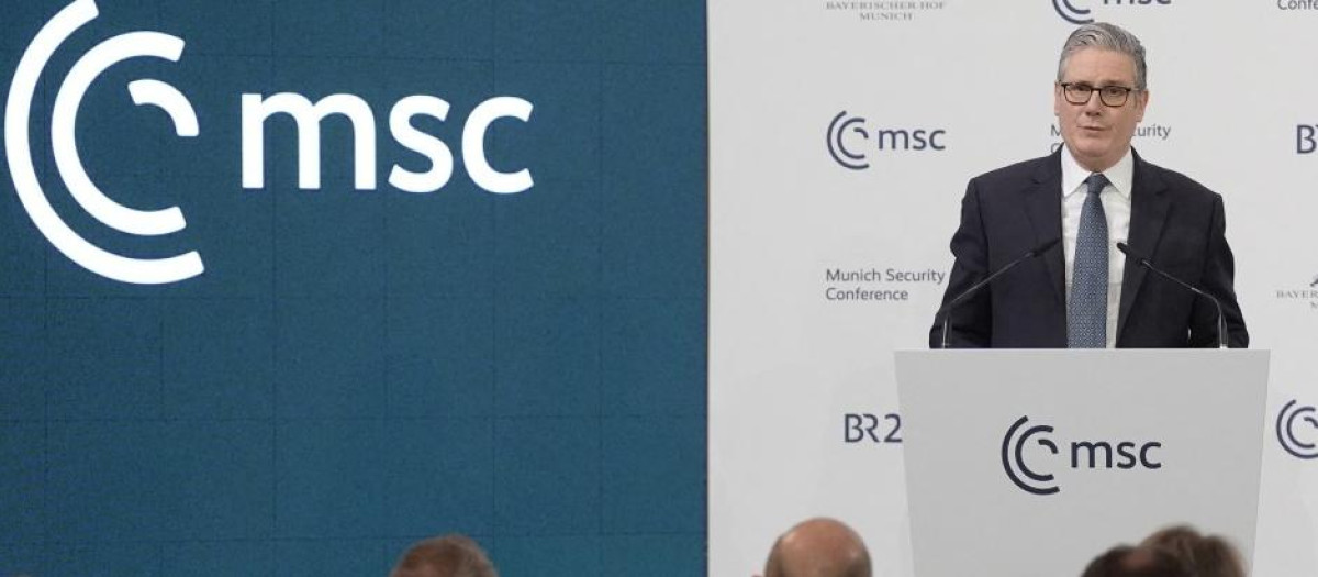 Britain's Prime Minister Keir Starmer gives a speech at the 62nd Munich Security Conference (MSC) on February 14, 2026 in Munich, southern Germany. (Photo by Stefan Rousseau / POOL / AFP)