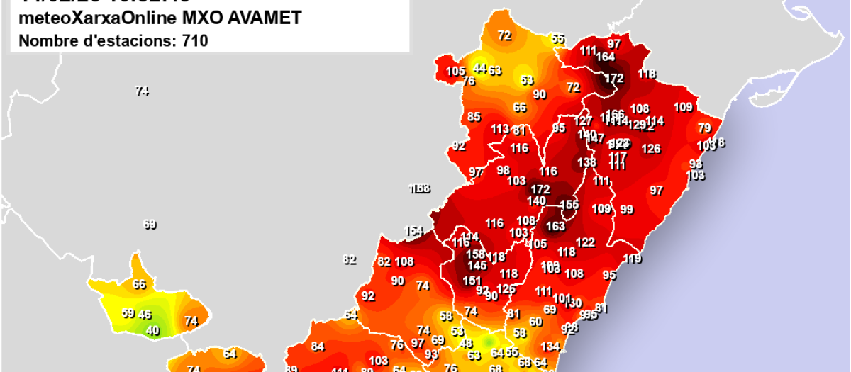 Mapa con las rachas de viento más fuertes de viento por la borrasca Oriana hasta las 10:52 horas de este sábado 14 de febrero en la Comunidad Valenciana