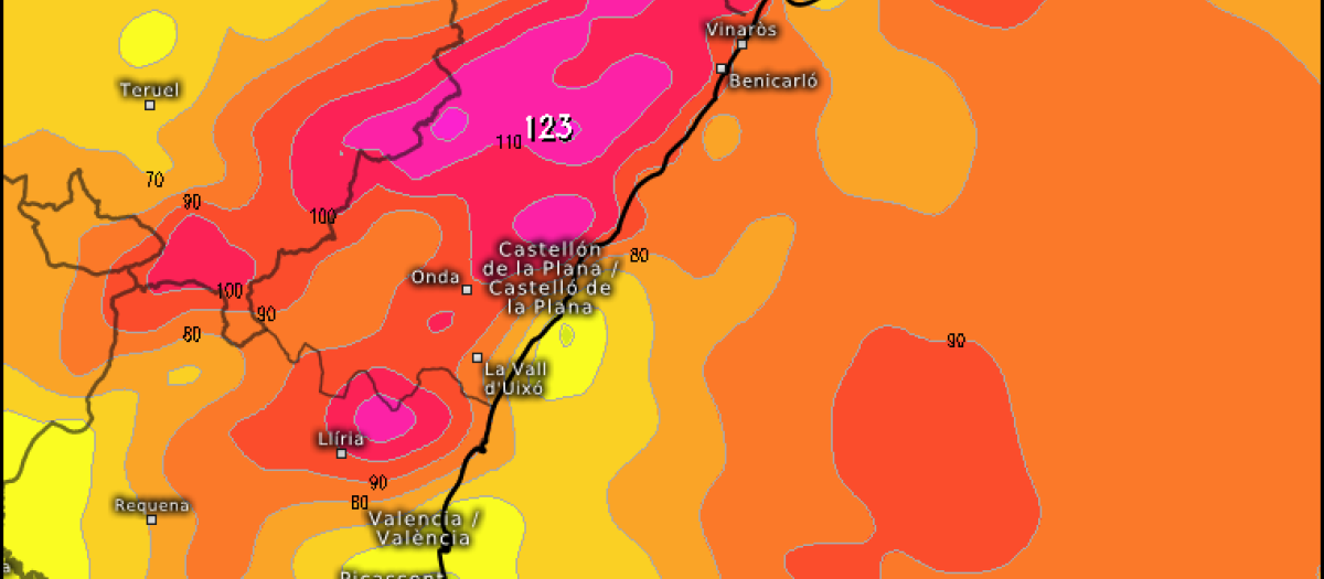 Mapa con las rachas de viento previstas durante la madrugada del domingo 15 de febrero por la borrasca Oriana en la Comunidad Valenciana.