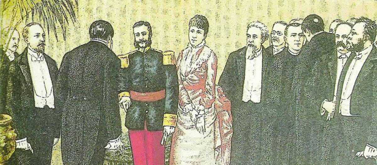 Ilustración que representa la entrega del Memorial de Greuges en 1885