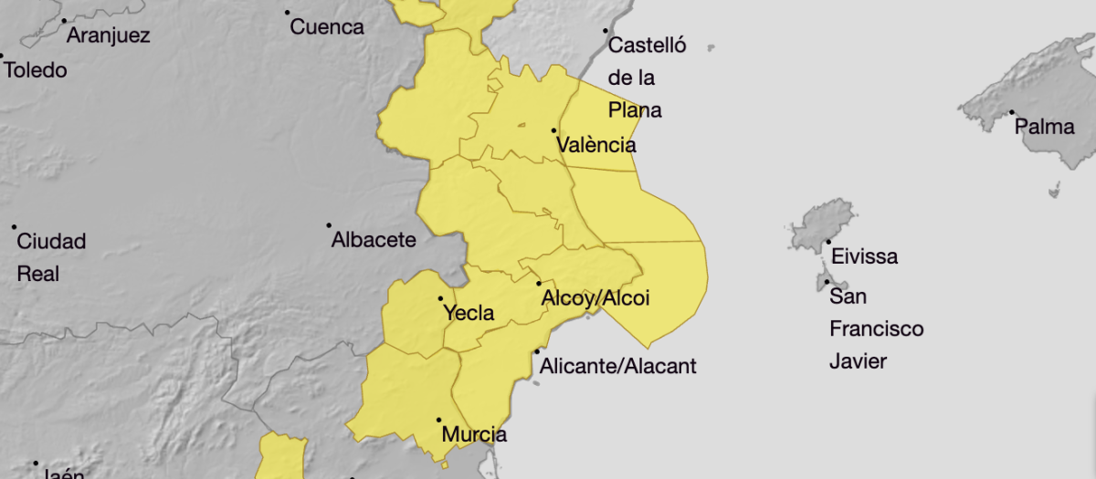 Mapa con los avisos previstos por Aemet por vientos este lunes 16 de febrero en la Comunidad Valenciana.