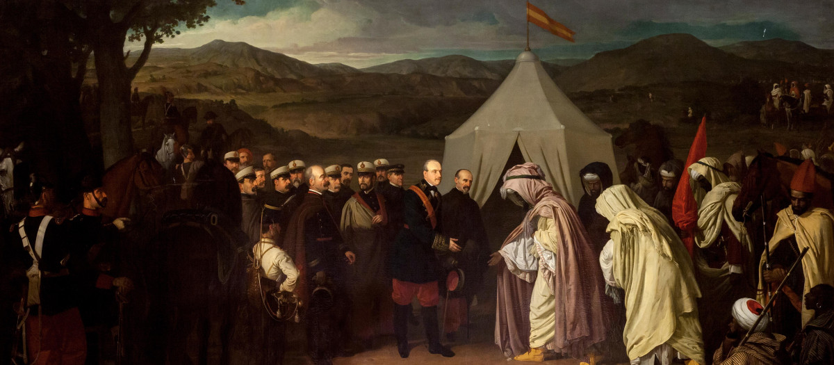 La obra representa la firma del Tratado de Wad-Ras, que fue suscrito por España y Marruecos el día 23 de marzo de 1860