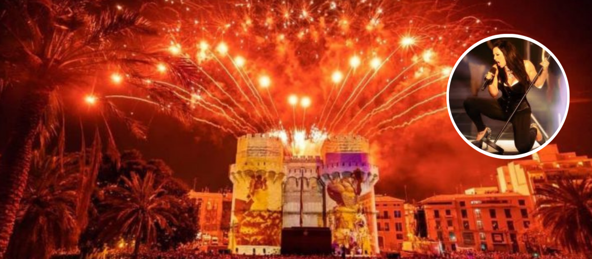 Montaje de de las Torres de Serrano durante la Crida y una imagen de la artista Lorena Calero
