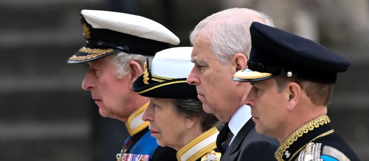 Britain´s King Charles III, Princess Anne, Prince Andrew and Prince Edward during State Funeral of Queen Elizabeth II on September 19, 2022 in London, England.