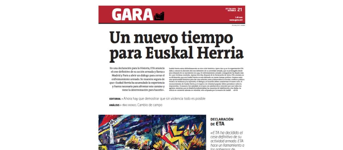 Portada del diario Gara del 21 de octubre de 2011