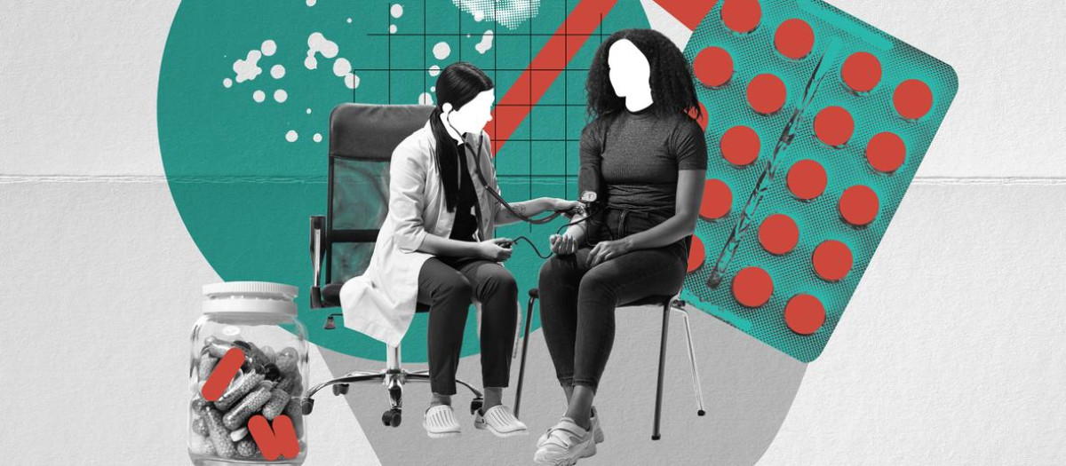 Doctor measuring blood pressure of patient and giving prescription for pills. Full health checkup and illness treatment. Contemporary art collage. Medicine, health care, profession, hospital concept