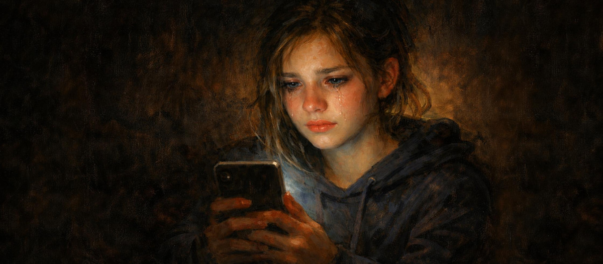Ilustración de una adolescente que mira su móvil con lágrimas en los ojos