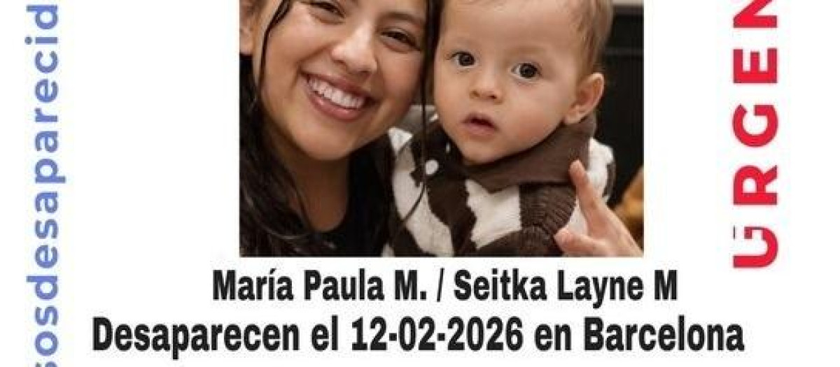 María Paula M., de 23 años, y su bebé Seitka Layne M., de 23 meses, desaparecidos en Barcelona

REMITIDA / HANDOUT por SOS DESAPARECIDOS
Fotografía remitida a medios de comunicación exclusivamente para ilustrar la noticia a la que hace referencia la imagen, y citando la procedencia de la imagen en la firma
24/2/2026