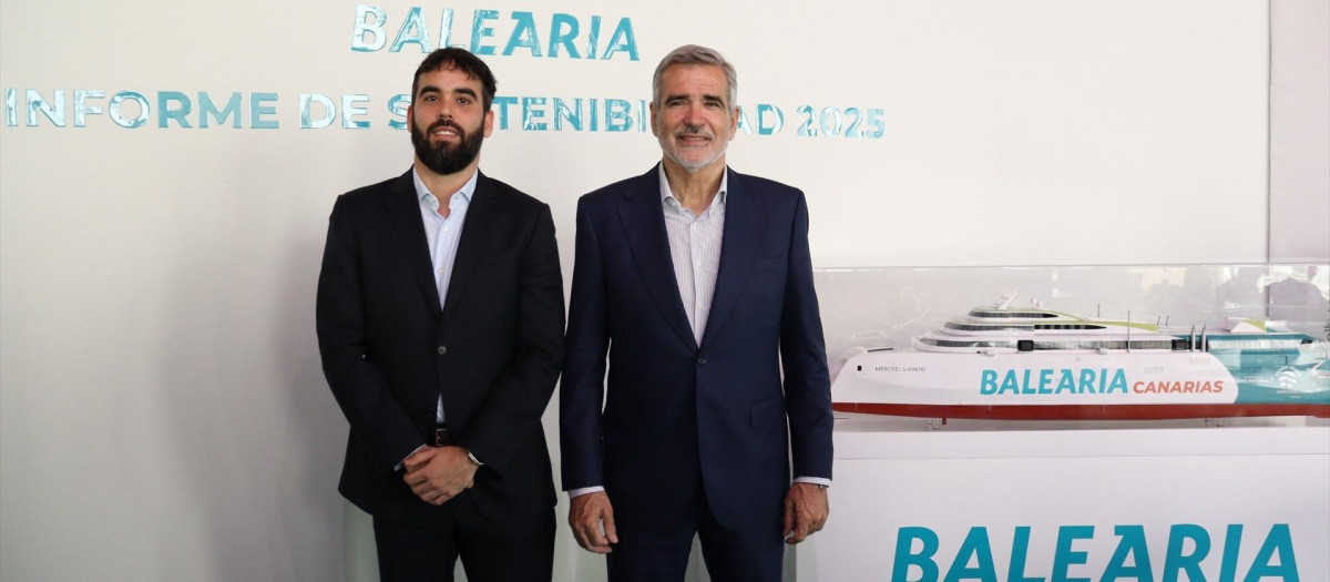 El presidente de Baleària, Adolfo Utor, a la derecha) y el vicepresidente de la naviera, Guillermo Utor, este miércoles durante la presentación de resultados de la compañía