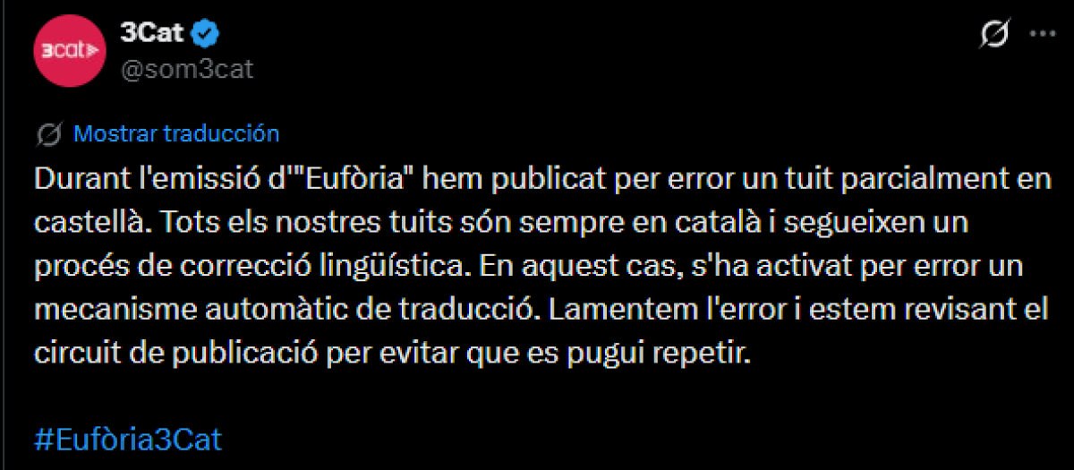 El tuit de TV3 pidiendo disculpas