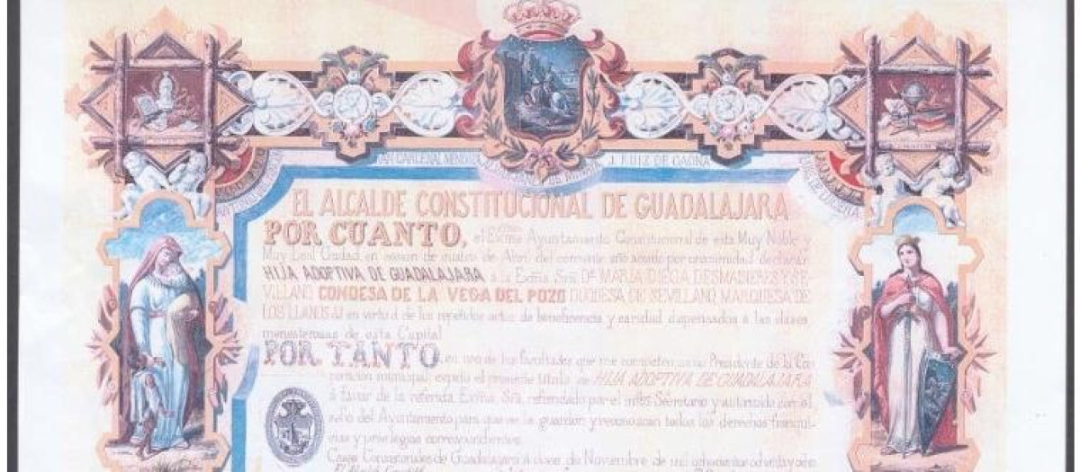 Diploma acreditativo de la condición de hija adoptiva de Guadalajara de María Diega Desmaissières y Sevillano.

REMITIDA / HANDOUT por AYUNTAMIENTO
Fotografía remitida a medios de comunicación exclusivamente para ilustrar la noticia a la que hace referencia la imagen, y citando la procedencia de la imagen en la firma
03/3/2026