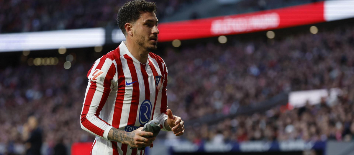 MADRID, 07/03/2026.- El defensa del Atlético de Madrid José Giménez retira un paloma del terreno de juego, durante el partido de la jornada 27 de LaLiga que disputan Atlético de Madrid y Real Sociedad este sábado en el estadio Metropolitano de Madrid. EFE/Mariscal