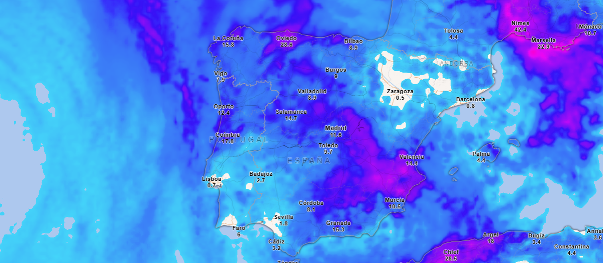 Precipitación acumulada hasta el miércoles por la noche